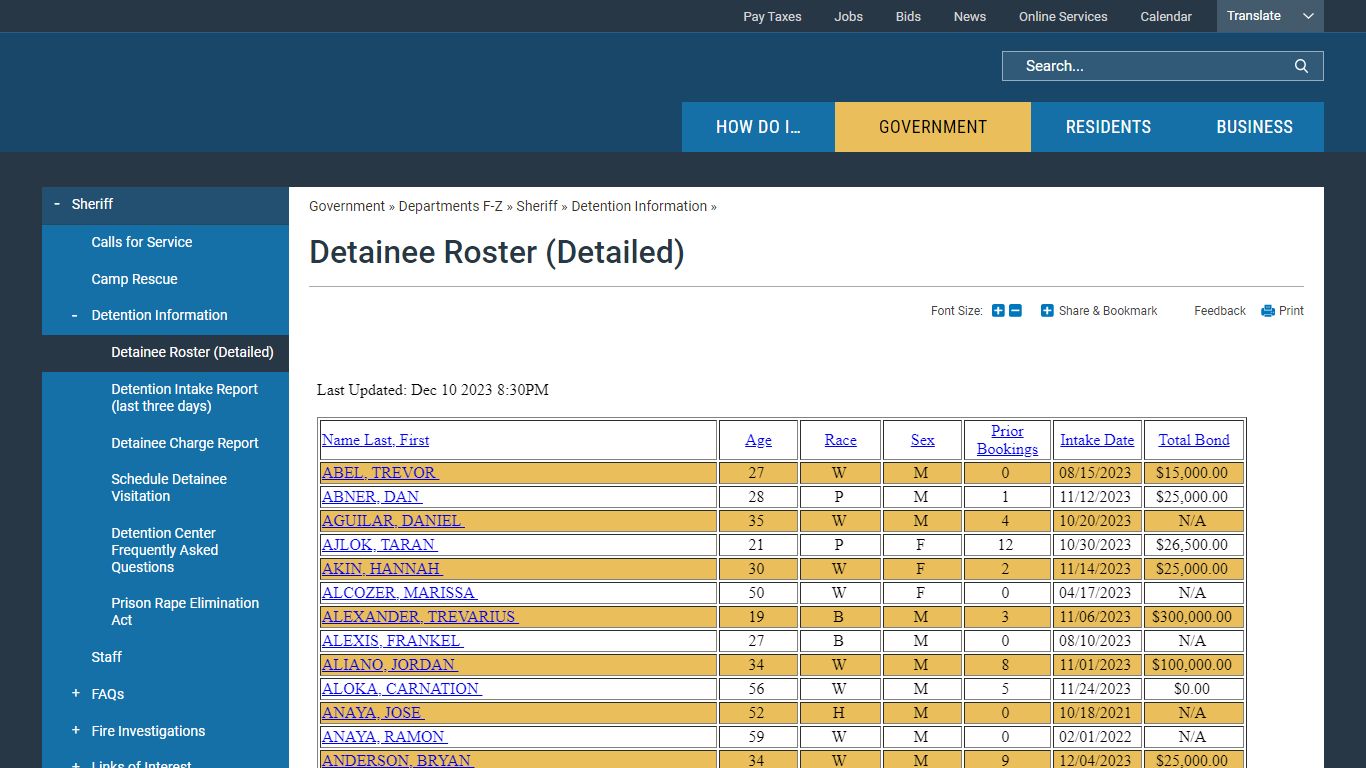Detainee Roster (Detailed) | Washington County, AR